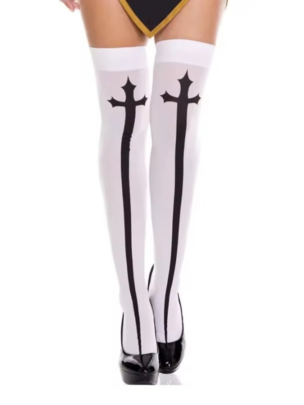 Women's Bad Nun Gothic Cross Print White Thigh High Stockings Halloween Costume